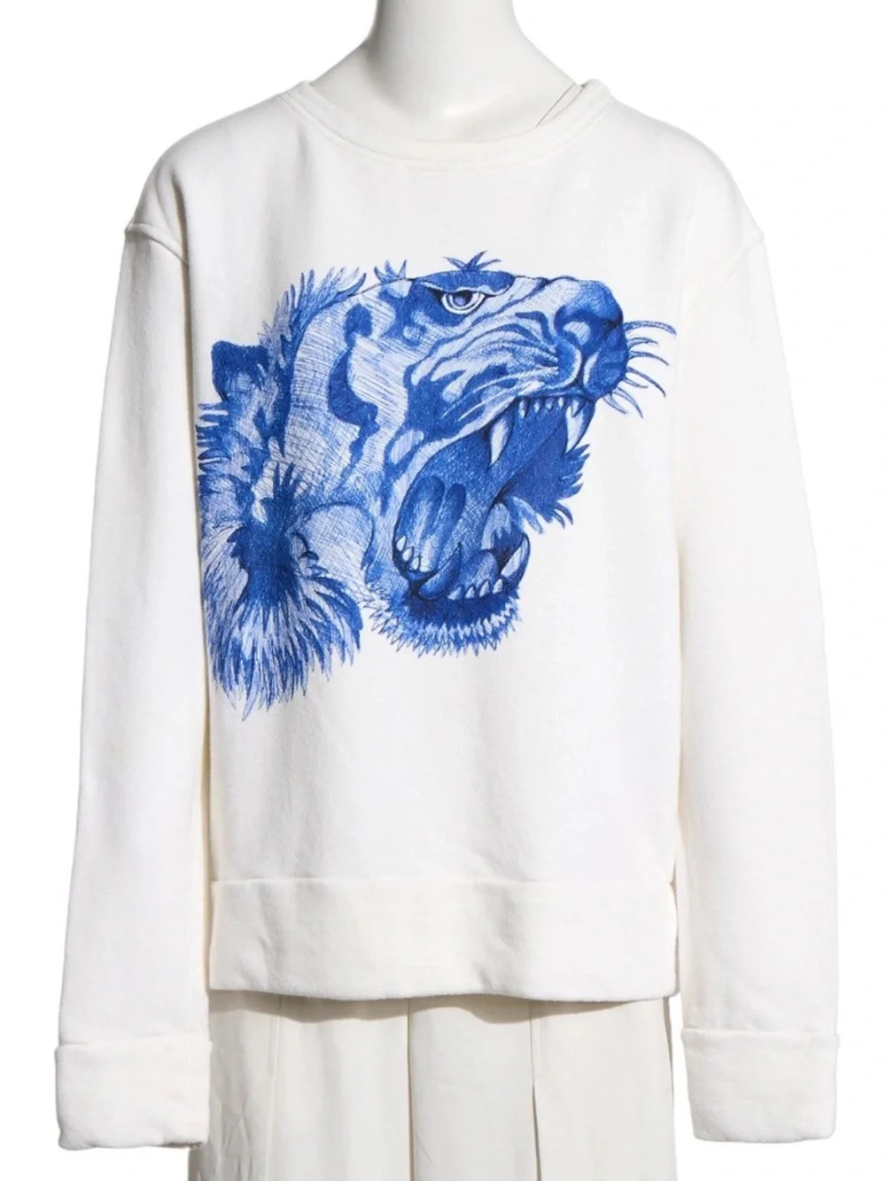 Gucci White Crewneck Sweater with Blue Tiger Head